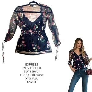 EXPRESS WHIMSY GOTH MESH‎ SHEER FLORAL BLOUSE NWOT SIZE X SMALL